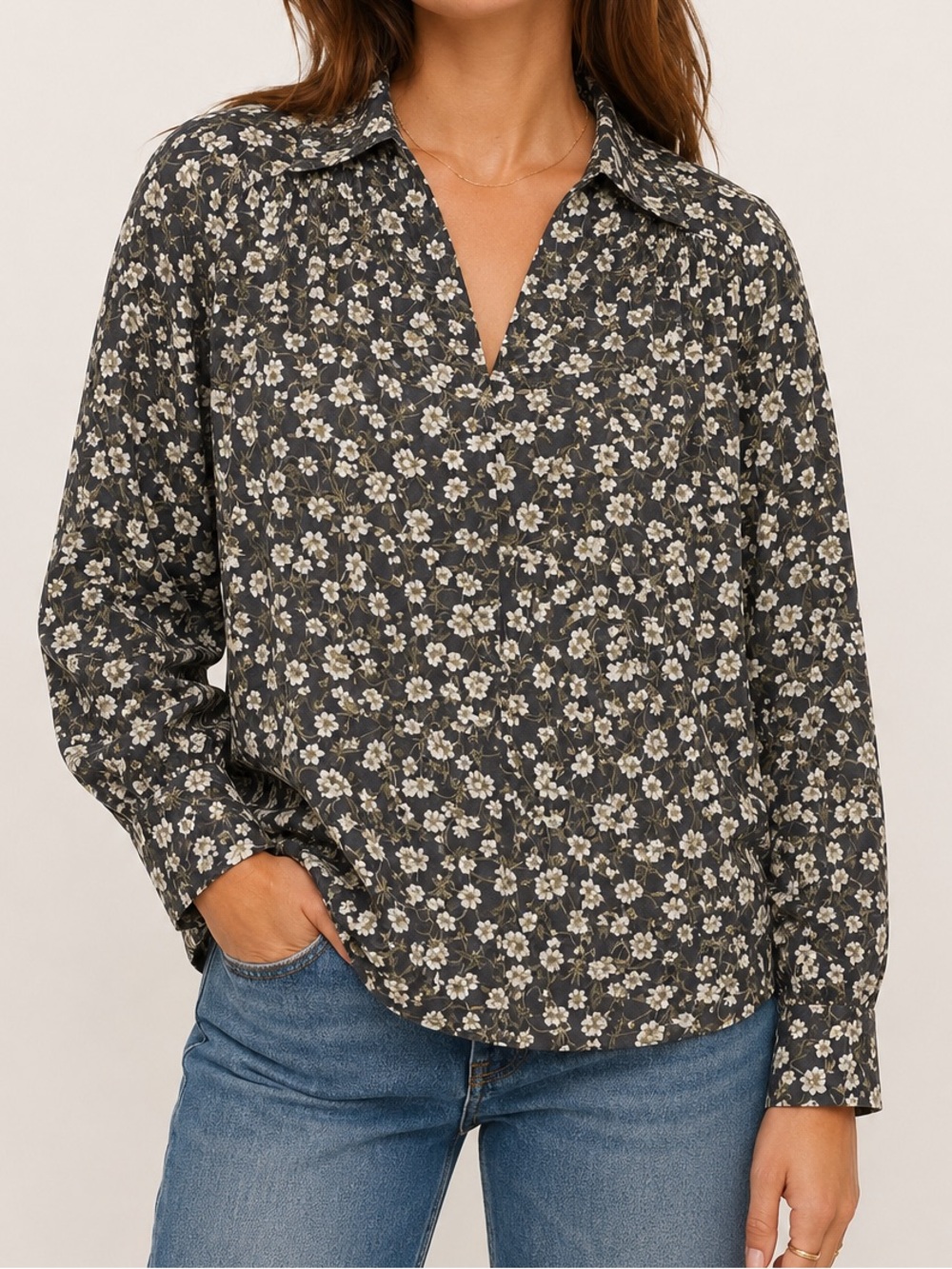 Madewell Dark Gray Ditsy Floral Collared Blouse Size Large
